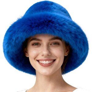 Women's Royal Blue Oversized Winter Long Pile Fur Wide Moldable Brim Warmer Cap